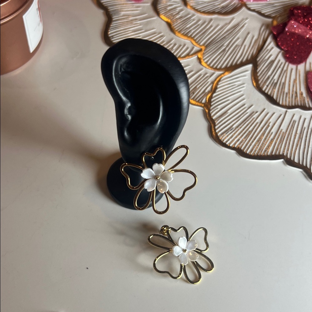 Gold and White Floral Earrings Chunky Earrings - Picture 10 of 13